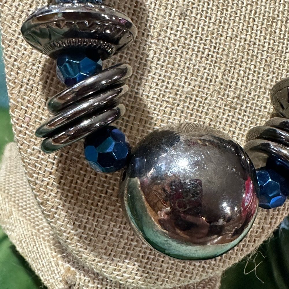 Chunky Blue & Silver Statement Necklace 18” - Picture 3 of 5